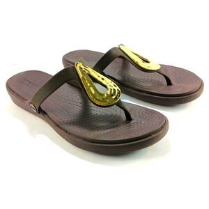 CROCS Women's Thong Sandals in Brown with Gold Accents Size 11